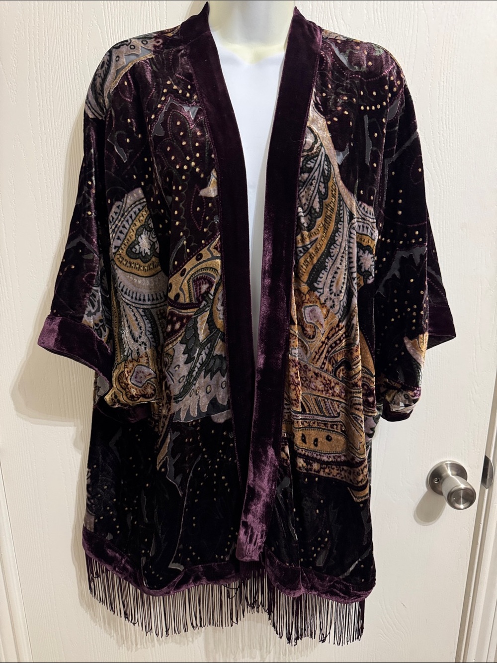 Velvet Burnout Paisley Kimono Open Front Cardigan Fringe Hem Chico’s Small Med